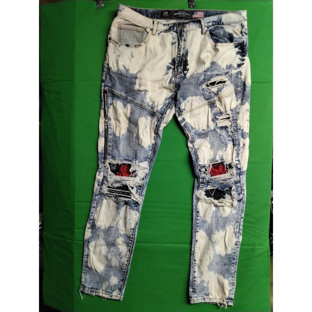 Damati Upscale Jeans Distressed Rose Patches Acid Washed  Mens Size W36